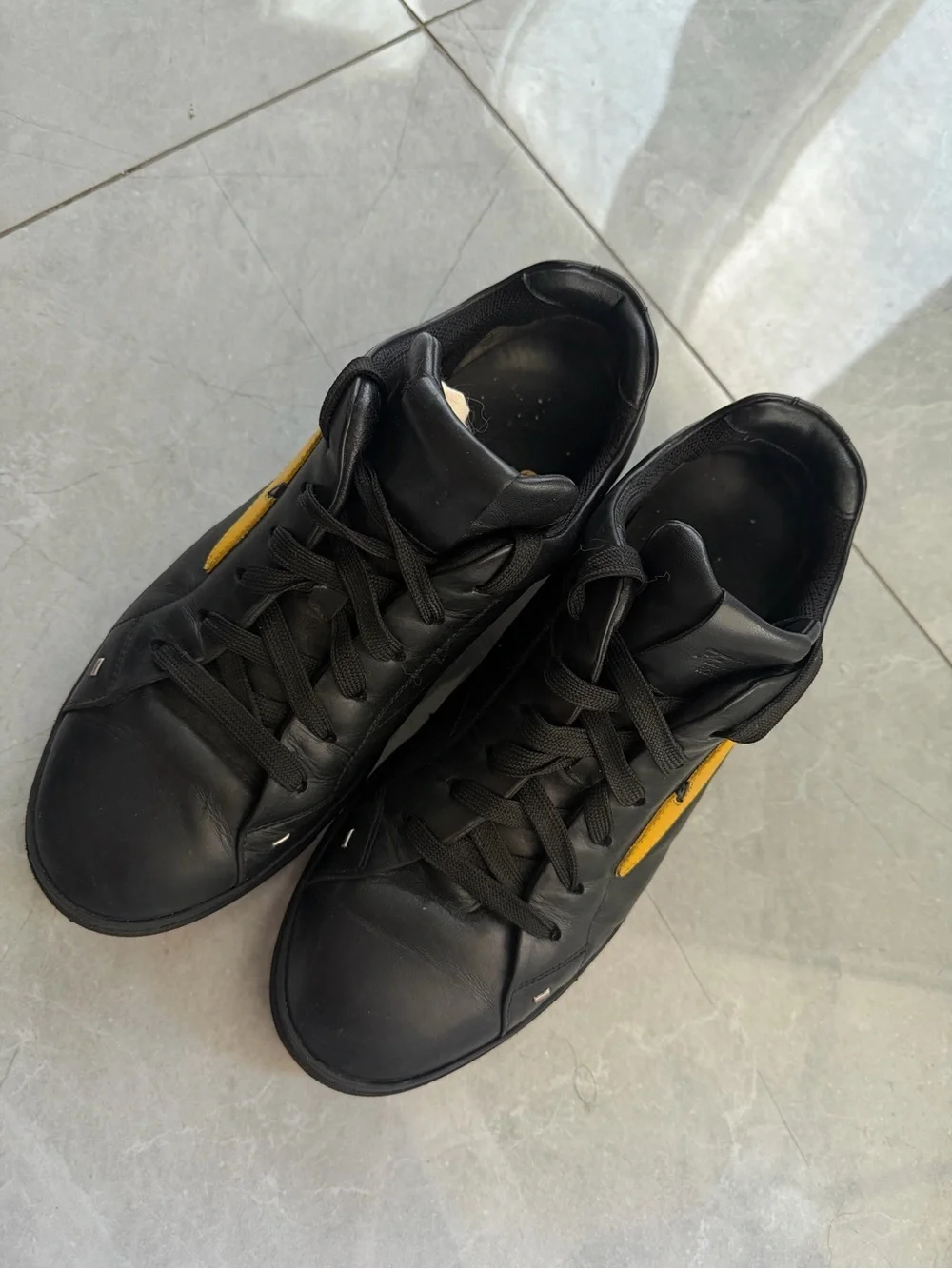 Fendi Black Leather Sneakers with Yellow Patch